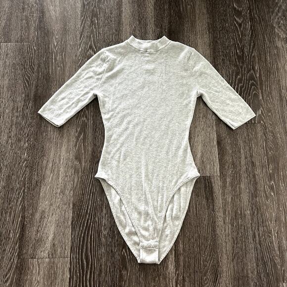 EUC ADAY Like A Glove Bodysuit High Neck Short Sleeve‎ Gray Merino Wool Size XS - Picture 2 of 16